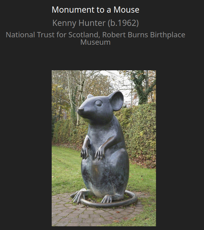 Large statue of a mouse displayed at the Robert Burns Birthplace Museum in Scotland
